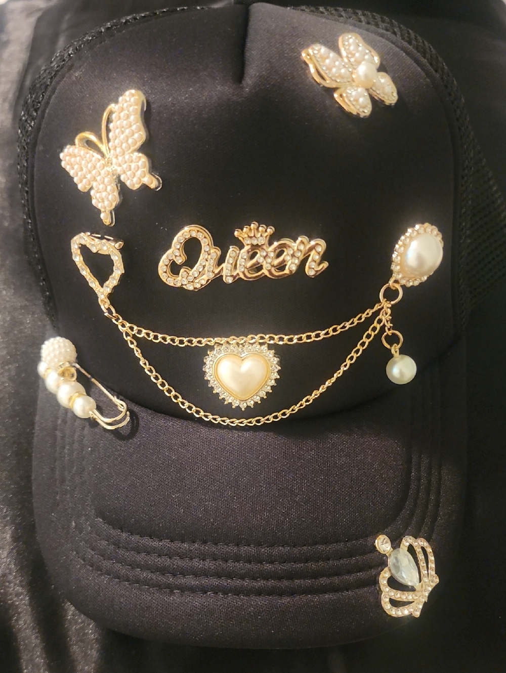 Trucker Hat with Gold Queen & Pearl Accents
